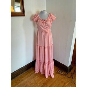 Vtg 60 70 Maxi Dress Pink Milkmaid Coquette Puff Tiered Prairie Gunne Tie 11